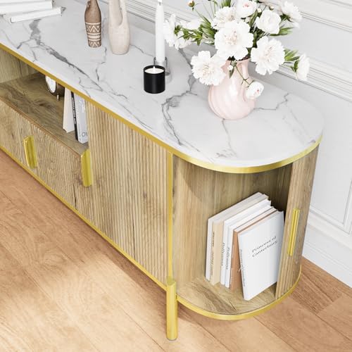 Luxury 70 in Fluted TV Stand with Faux Marble Top, Entertainment Center for TVs Up to 80 in, Wood Media Console with Curved Profile Sliding Doors and Adjustable Shelves for Living Room- Natural Oak - color: Natural Oak