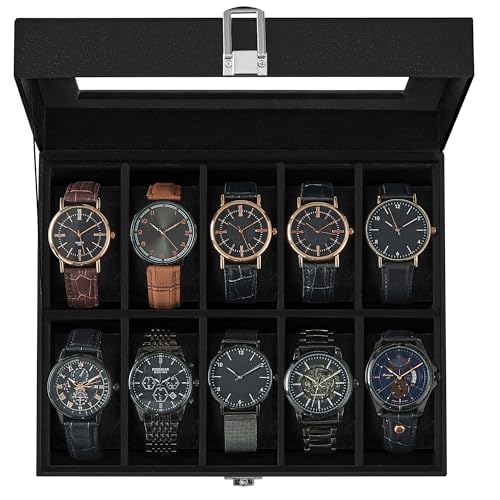 SONGMICS Watch Box, 10-Slot Watch Case Organizer with Large Glass Lid, Removable Pillows, Gift for Loved Ones, Black Synthetic Leather, Black Lining UJWB010B02 - color: Black + Black, size: 10 Slot