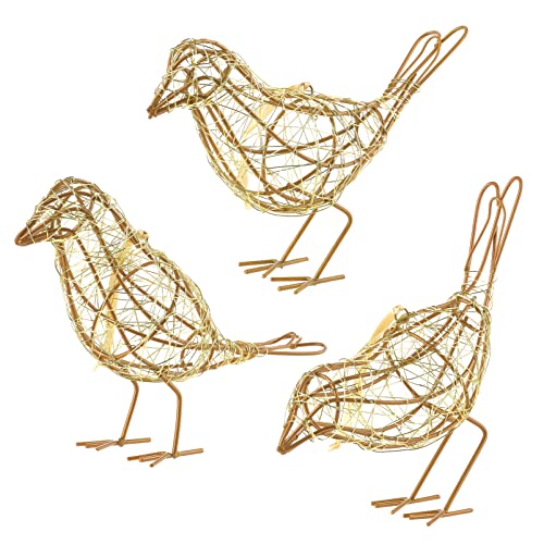Artisan Bird Statues Trio - Christmas Ornament - Table Decor Handmade Gold-Wire Woven - Modern Farmhouse Shelf Decor with Hanging Chain, Multi-Pose Metal Bird Figurines for Home Office - color: Gold
