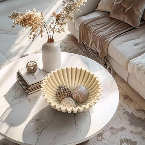 YMXYJM Large Decorative Bowl, Modern Handicraft Bowls for Home Decor, Decorative Fruit Bowl for Kitchen Counter, Ruffle Decor, Stylish Key Bowl for Entry Table, Artificial Travertine Beige - color: Stone Beige