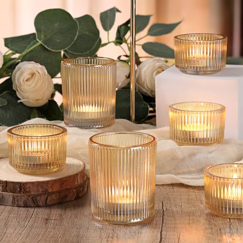 NITIME 20pcs Ribbed Gold Votive Candle Holders, Assorted Tea Light Candle Holder Glass for Wedding Table Decor, Gold Candle Holders for Table Centerpieces, Diwali, Brithday, Party and Holiday Decor - color: Gold