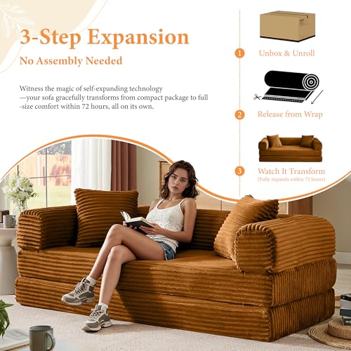 Boneless Couch Versatile Couches for Living Room No-Install Sofa Bed Corduroy Futon Soft Cloud Couch with Pillows for Bedroom Game Movie (Orange, 76") - color: Orange