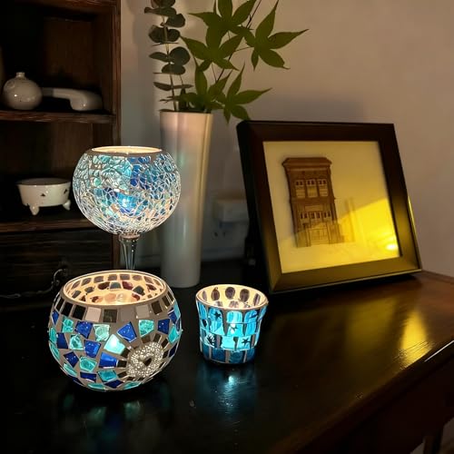 Glass Tealight Candle Holder, 3Pcs Blue Handmade Mosaic Votive Candle Holders, Wedding Dinner Party Tea Light Holder for Centerpiece Table Decorations, Vintage Home Room Decor