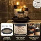 IYARA CRAFT Tealight Candle Holders with Tray – Set of 3 Rustic Black Wooden Candle Holders with Natural Rope Accent, Cozy Centerpiece for Romantic Dinner Table Decor, Anniversary & Housewarming Gifts
