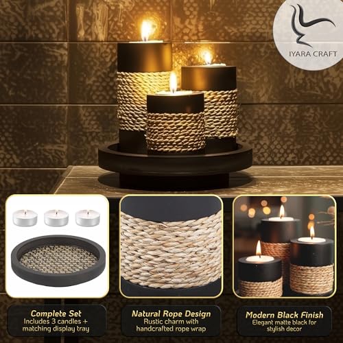 IYARA CRAFT Tealight Candle Holders with Tray – Set of 3 Rustic Black Wooden Candle Holders with Natural Rope Accent, Cozy Centerpiece for Romantic Dinner Table Decor, Anniversary & Housewarming Gifts