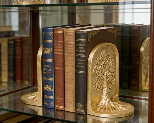 Tree of Life 3D Bookends with Intricate Details, Solid Resin Construction Non-Slip Design, Regal Gold Decor for Home Library, Office - color: Regal Gold