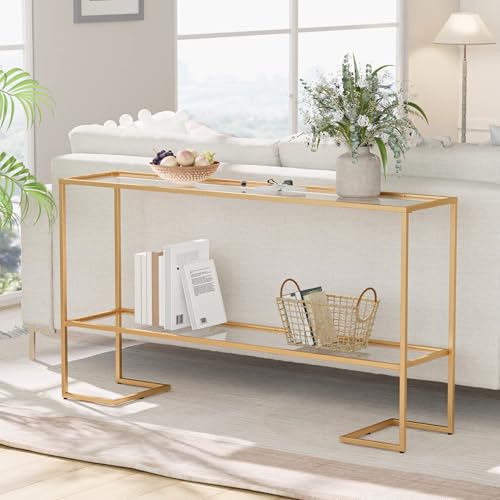 Cozy Castle 52" Entryway Table, 2-Tier Narrow Console Table with Tempered Glass & Sturdy Metal Frame, Modern Sofa Table with Storage Shelves for Entryway, Hallway, Foyer, Living Room, Gold - color: Gold Metal Frame