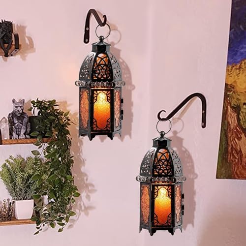 DECORKEY Vintage Large Size Decorative Ramadan Candle Lantern, 12.8’’ Metal Hanging&Tabletop Moroccan Lantern Candle Holder Decor, Halloween Christmas Decorations for Home Indoor Outdoor Patio (Amber) - color: Amber - 12.8''h, size: Large