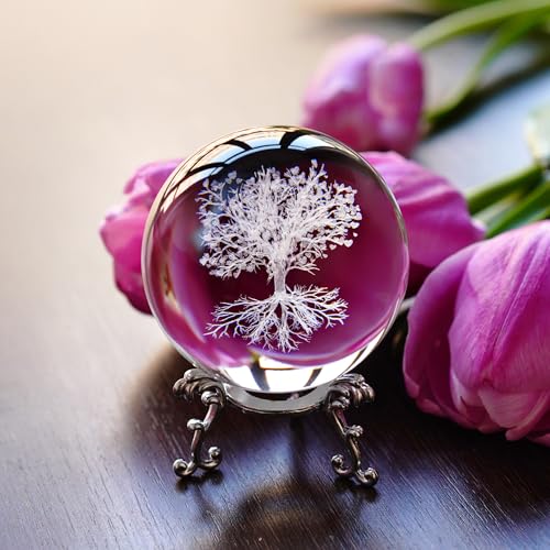 H&D Hyaline & Dora 70mm Tree of Life Clear Crystal Ball with Stand, K9 Glass Decorative Crystal Ball, 3D Laser Fengshui Home Decoration - color: 70mm Tree of Life