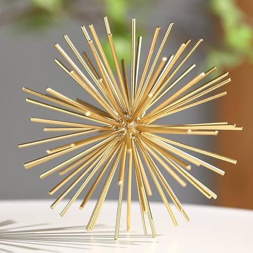 Metal Decorative Starburst Ball, 6 Inch Gold Sphere Decor, Spiky Star Burst Tabletop Sculpture, Mid-Century Modern Metal Spike Ball for Home, Living Room, Office & Shelf Decor - color: Gold-starburst-6"