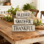 4 Pcs Farmhouse Wooden Tabletop Decor Neutral Farmhouse Tiered Tray Decor Rustic Retro Wood Bead Garland Blessed Grateful Thankful Block Sign Centerpiece for Coffee Home Office Shelf Mantle Table - style: Blessed