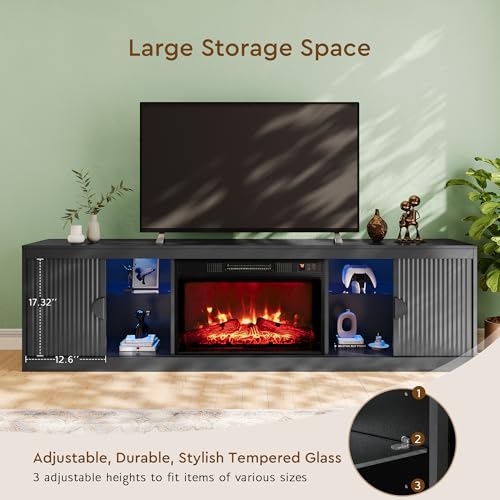 LGHM 70'' LED TV Stand with Fireplace, Stylish Modern Entertainment Center with 2 Slip Doors for TVs Up to 80”, Media Console with Storage for Living Room, Black - size: 22''H & Fireplace