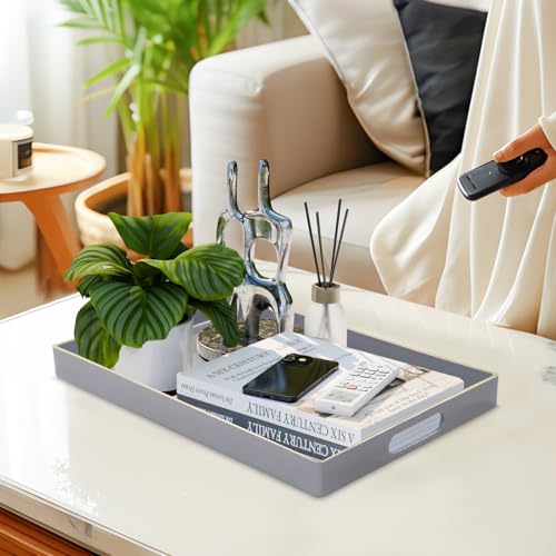 MAONAME Gray Serving Tray with Handles, Modern Grey Decorative Tray for Coffee Table, Plastic Rectangular Gray Trays for Ottoman, Bathroom, Decor, 15.8” x 10.2” x 1.4" - color: Gray, size: 15.8" x 10.2" x 1.4"