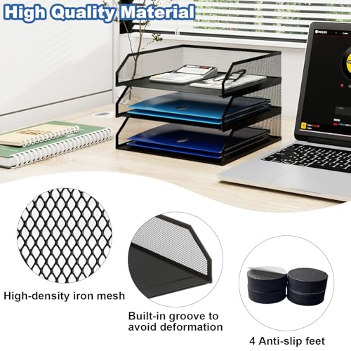 Natwind 3-Tier Stackable Paper Tray, Metal Mesh Desktop Organizer, A4 Paper Sorter, Letter Trays,File Folder Sorter Organizer with Sliding Tray for Home, Office, School (Black) - size: 3 Tier