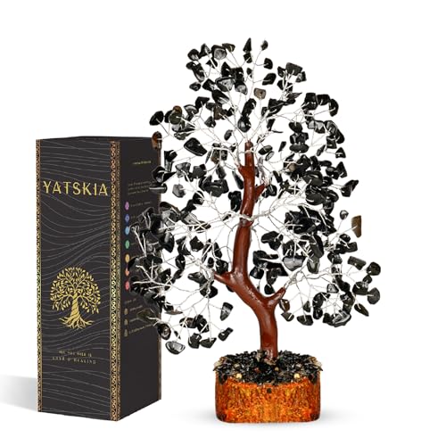 YATSKIA Black Tourmaline Gemstone Tree - Crystal Tree of Life - Crystals and Stones Home Office Decor - Good Luck Gifts for Women - color: Black Tourmaline Silver Wire