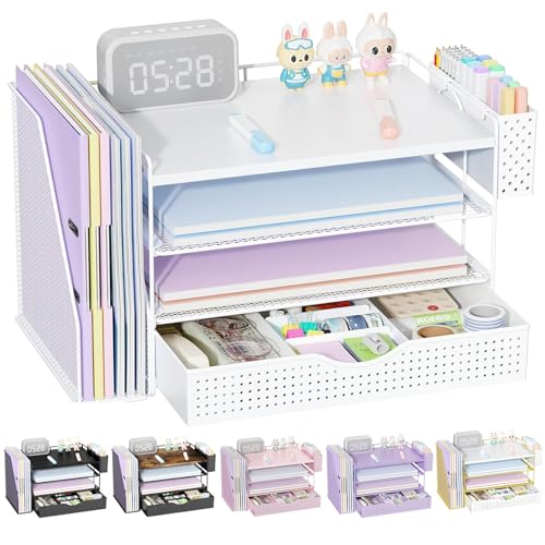 gianotter Wood Desk Organizers and Accessories with File Holder, 4-Tier Desk Accessories & Workspace Organizers with Drawer and Pen Holder, Paper Organizer for Office Supplies (White) - color: White