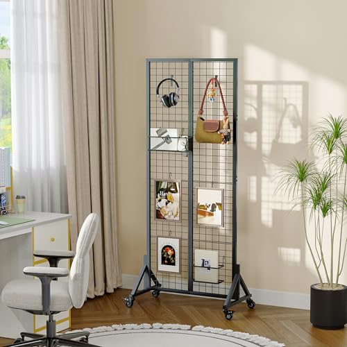 Rolling Gridwall Display Stand, 65.6" H x 23.6" W Wire Mesh Rack with Wheels, Metal Display Grid for Art Shows, Craft Fairs, Retail Boutique & Home Storage, Black - color: Black