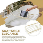 Cabilock Luxury Stainless Steel Bathtub Caddy Tray - 24.8in Expandable Modern Bath Rack for Tub with Wine Glass & Book Holder - Rustproof Shower Organizer & Tablet Stand for Home Spa, Gold - color: Golden