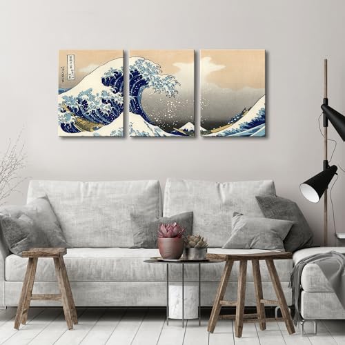 Wieco Art Great Wave of Kanagawa Katsushika Hokusai 3 Piece Modern Canvas Prints Artwork Abstract Pictures Paintings on Canvas Wall Art for Home Office Decorations Wall Decor - color: Great Wave, size: 12 x 16 inches (Unframed)