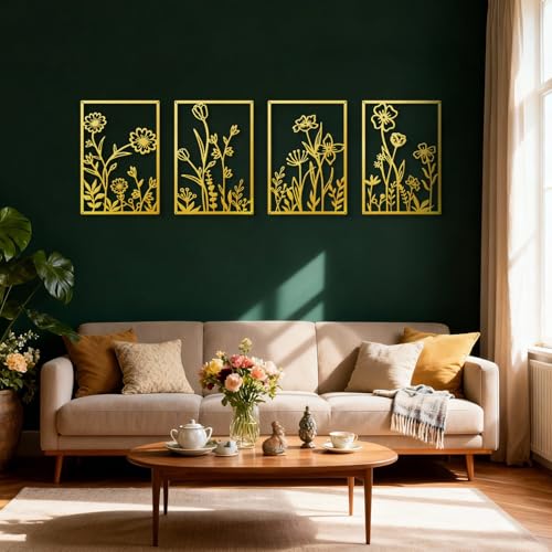 Sokurdeg Gold Metal Flowers Wall Decor, Minimalist Floral Metal Wall Hanging Art for Bedroom Bathroom Living Room (4 Pcs, 15.7 x 22.5 in) - color: Gold, size: 15.7 x 22.5 in