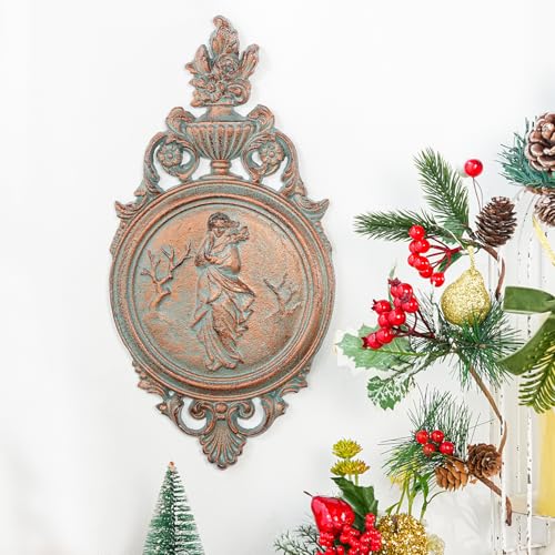 Sungmor Ornate Cast Iron Wall Art Plaque – Classical Woman Relief in French Country Style, Decorative Wall Sculpture - Vintage Hanging Décor for Home, Garden, or Patio – Rustic Black Finish - color: Red Copper & A