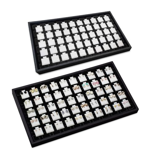 Ikee Design 2 Pcs Set Black Earring Display Tray with 50 Earring Cards Organizer, Jewelry Tray Display for Stud Earring Collection, 100pcs Earring Puffy Cards, 14 3/4W x 8 1/4D x 1H in, White, Black - color: Small Earring Card