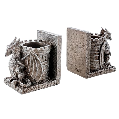 Bookends Dragon,Gothic Brown Resin Dragon Guarding Castle Pencil Cup Bookends, Office Desk Book Ends with Decorative Fantasy Dragons and Stone Tower Pen Holders, 1 Pair - color: Brown
