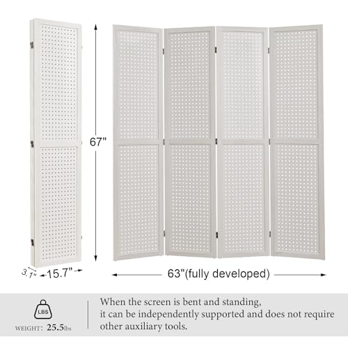 Room Divider Freestanding Folding Pegboard Privacy Screen 4-Panel Display Stand for Jewelry Craft Shows Retail Natural Wood Portable Space-Saving - color: Salt White, size: 4 Panels