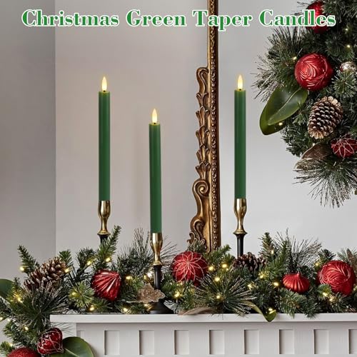 GenSwin FlamelessTaper Candles Flickering with 10-Key Remote, Battery Operated Led Warm 3D Wick Light Window Candles Real Wax Pack of 3, Christmas Home Wedding Decor(Green, 0.78 X 9.64 Inch) - color: 3-Green
