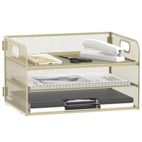 DALTACK 3 Tier Paper Organizer with Handle, Mesh Metal Desk Organizer with Sliding Paper Trays for Letter/A4 Paper, Mail, Bills & Folders, Yellow - color: Golden Yellow