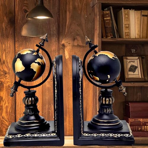 Bellaa Decorative Bookend Globe Arrow Armillary Atlas Celestial Sphere Astronomy Art Vintage Statues Book Ends Heavy Duty Shelf Supports Shelves Stoppers Holder Nonskid