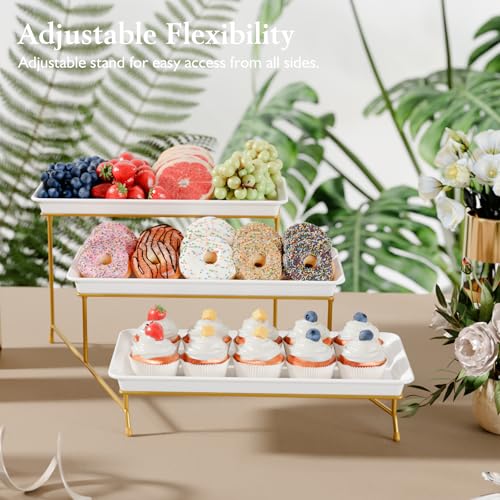 3-Tier Melamine Serving Tray Set, 14"x7" Platters for Serving Food, White Reusable Trays with Golden Metal Display Stand for Cupcakes, Sevring Food, Dessert, Fruit, Cookie, 24K Gold-Plated - color: Gold, size: 14" x 7"