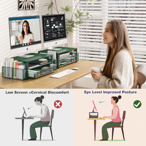 OPNICE Desk Organizers and Accessories, 2-Tier Computer Monitor Stand Riser with Drawer and 2 Pen Holders, Laptop Stand, Office Desk Accessories for Office Supplies, Dark Green - color: Dark Green