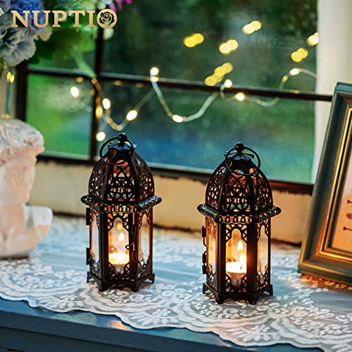 NUPTIO 4 Pcs Metal Tealight Candle Holder Small Sized Wedding Centerpieces Transparent Glass Hanging Lanterns Creative Wedding Home Table Decoration Birdcage, Black - color: Black, size: 4 Pcs Small Size