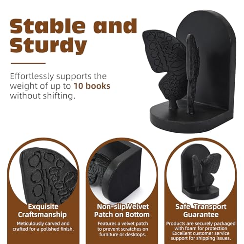 Black Butterfly Book Ends for Shelves, Butterflies Statue Decorative Bookends for Heavy Books, Resin Book Ends with Non-Slip Felt Base for Home Farmhouse Shelves Office Lover Gift - color: Butterfly Bookends Black