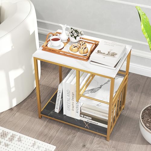 Giantex Side Table with Storage, 3-Tier End Table with Golden Polished Steel Frame Sofa Couch Table for Living Room, Modern Nightstand for Bedroom, Easy Assembly, Marble & Golden