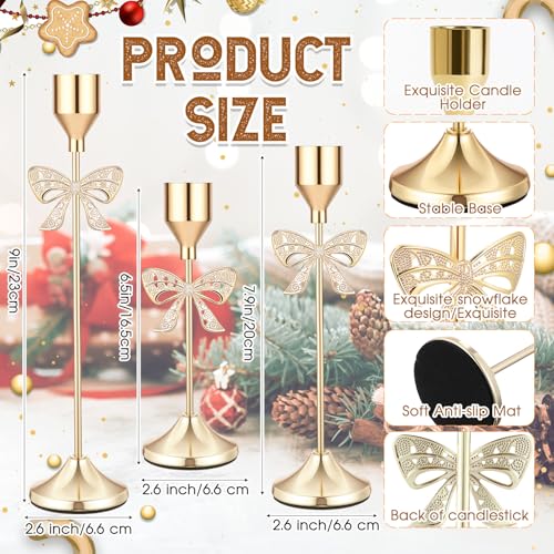 Ceenna 3 Pcs Gold Bow Taper Candle Holders, 3 Size Gold Bowknot Candlestick Holders, Candle Holder Vintage Decorative for Table Centerpiece Mantel Decor Holiday Housewarming Gifts - style: Bowknot