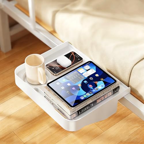 Bedside Caddy for Dorm Bed - Clip On Nightstand with Cup Holder, Floating Bed Side Table Tray Storage,College Dorm Room and Kids Room Essentials,Blending Decor and Storage （White）
