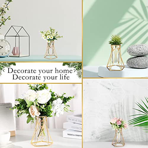 Roshtia 8 Set Gold Glass Vase for Centerpieces Metal Geometric Test Tube Vase Modern Hydroponic Flower Stand with Glass Cylinder for Flowers Plant Wedding Office Home Centerpiece (6.3 Inch)