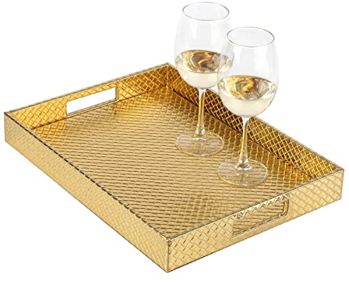 HofferRuffer Rectangle Serving Tray with Hole Handles for Coffee Table, Breakfast, Tea, Food, Butler - Countertop, Kitchen, Vanity Serve Tray, 16.2 x 12.2 x 2 inches, Faux Leather (Gold) - color: Gold, size: 16.2" x 12.2" x 2"