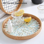 Round Rattan Tray with Mother of Pearl Inlay, Rattan Serving Tray for Coffee, Bread, Fruits, Decorative Wicker Tray for Table Decor, Home Decor, Kitchen Island Decor (Ambilight, 11.8")