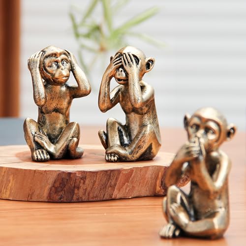 Leekung 3 Wise Monkeys Statue for Home Decor Accents,Hear no Evil See no Evil Speak no Evil Figurine for Living Room Boho Desk Gold Modern Table Decor,Monkey Gift Shelf Decor Accents Antique Bronze - color: Gold