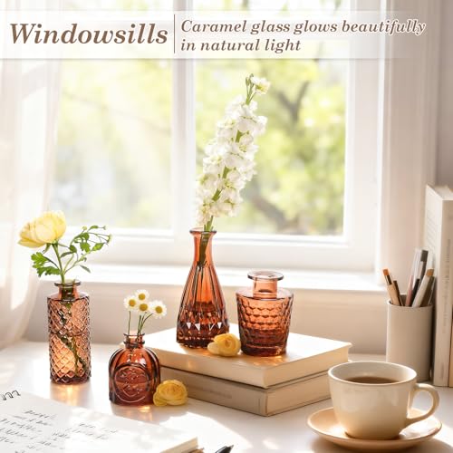 TBWIND 12-Piece Glass Bud Vase Set – Small Caramel Coffee Brown Etched Glass Vases with Unique Shapes and Weighted Base for Windowsills, Bathrooms, and Table Centerpiece Décor - color: Caramel Brown-12pcs