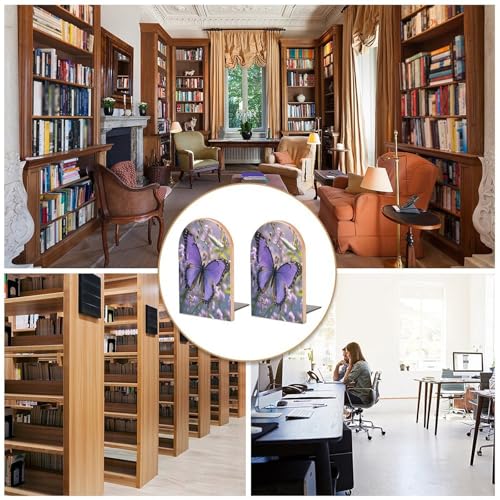 Beautiful Purple Butterfly Art Bookend for Shelves,Muso Wood Book End,Non-Skid Book Holder Support for CD, Video File, Video Games,Decorative Books Stopper for Home, 6.7 X 3.9 X 4.7”