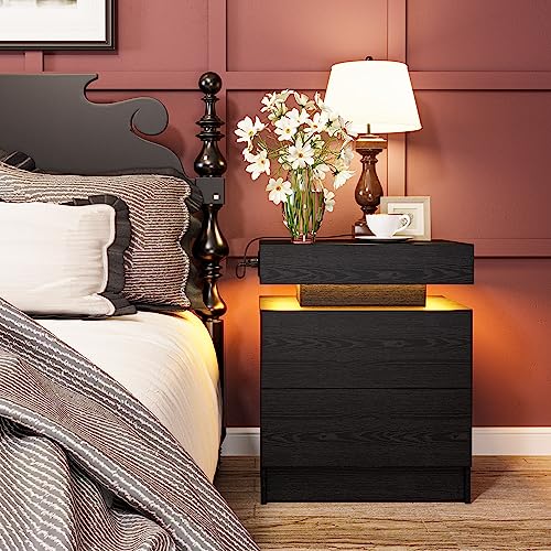 LIKIMIO Night Stand with Charging Station, Modern Black Nightstand with LED Light and Drawers, Bedside Tables/End Table for Bedroom - color: Black
