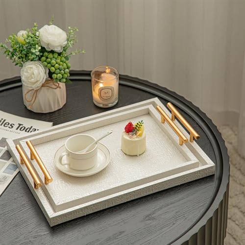 Modern Elegant Large Wood Serving Tray, Set of 2 Pearl White Crocodile Leather with Gold Polished Metal Handles, Home Decorative Rectangle Ottoman Platter Living Room Bathroom Vanity Tray - color: White