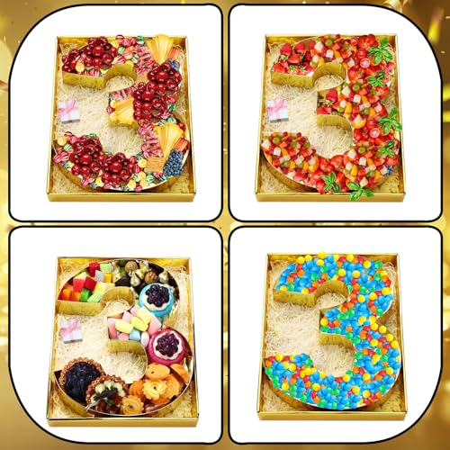 SiliFine 12" Charcuterie Number Shaped Mache with Clear Lid Fillable Sweets Serving Trays Paper Mache Cupcake Candy Box for 2025 Graduation Party Graduation Celebration(Gold,Number 3) - color: Gold, style: Number 3
