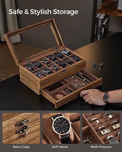 SONGMICS 12-Slot Watch Box, 2-Tier Watch Display Case with Large Glass Lid, Removable Watch Pillows, Velvet Lining, Jewelry Box, Gift Idea, Rustic Walnut UJOW012K01 - color: Rustic Walnut, size: 2 Layer 12 Slot