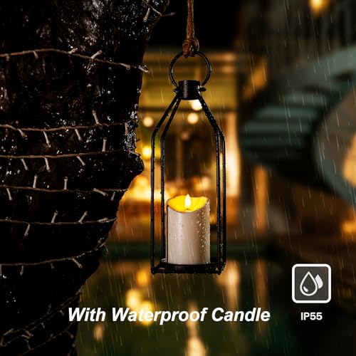 Homemory Modern Farmhouse Lantern Decor with Waterproof Flameless Candle & Remote Timer, 2PCS Black Metal Candle Lantern Decorative for Outdoor Indoor Home Living Room Patio Porch Table - color: Black