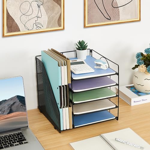 LEKETREE Desk Organizers and Accessories, 5-Tier Paper Letter Tray Organizer with File Holder, Desktop Organizer for Office Supplies (Black) - color: Black, size: 12" x 12" x 12"